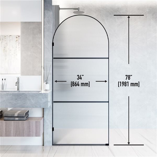 VIGO Arden 34-in x 78-in Matte Black Framed Fixed Shower Screen with Fluted Glass