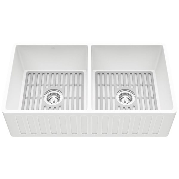 VIGO Matte Stone™ 33-in White Double-Basin Slotted Apron/Farmhouse Kitchen Sink Set With Silicone Grids