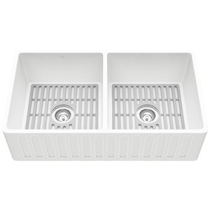 VIGO Matte Stone™ 33-in White Double-Basin Slotted Apron/Farmhouse Kitchen Sink Set With Silicone Grids