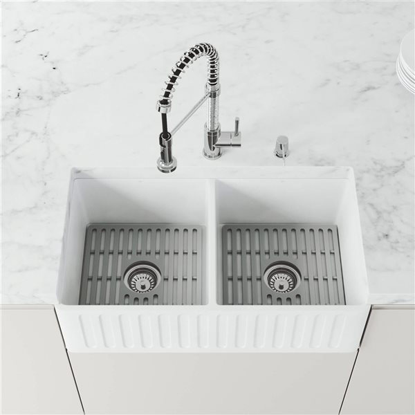 VIGO Matte Stone™ 33-in White Double-Basin Slotted Apron/Farmhouse Kitchen Sink Set With Silicone Grids