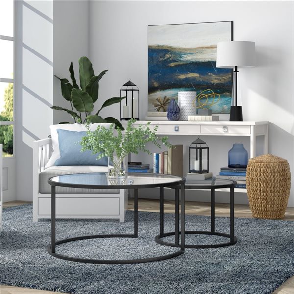 Hailey Home Watson 2-Piece Black Round Glass Nested Coffee Tables