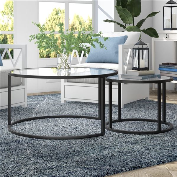 Hailey Home Watson 2-Piece Black Round Glass Nested Coffee Tables