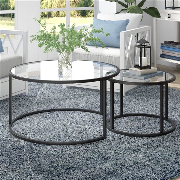 Hailey Home Watson 2-Piece Black Round Glass Nested Coffee Tables