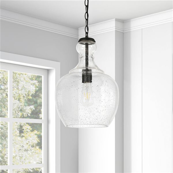 Hailey Home Verona 11-in W Black Pendant Ceiling Light w/ Bubble Glass Shade