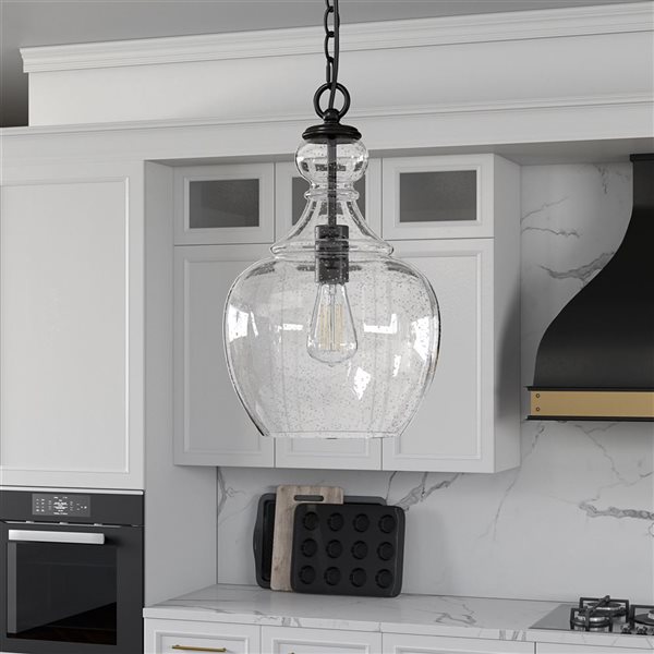 Hailey Home Verona 11-in W Black Pendant Ceiling Light w/ Bubble Glass Shade