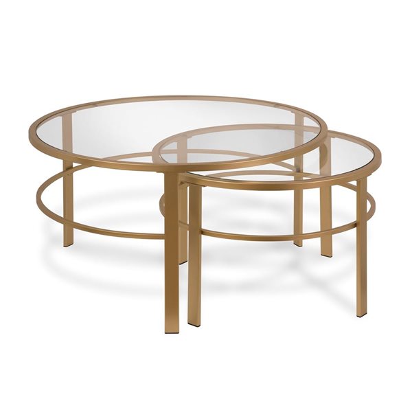 Jeu de 2 tables gigognes rondes Gaia de Hailey Home laiton avec surface en verre