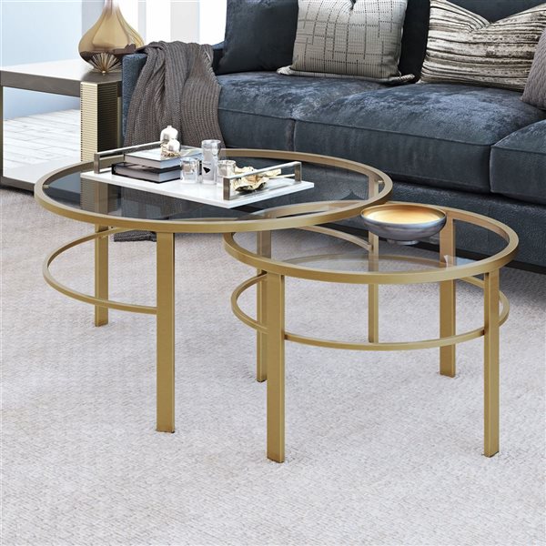 Hailey Home Gaia 2-Piece Brass Round Glass Nested Coffee Tables