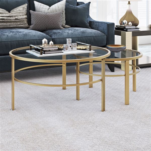 Hailey Home Gaia 2-Piece Brass Round Glass Nested Coffee Tables