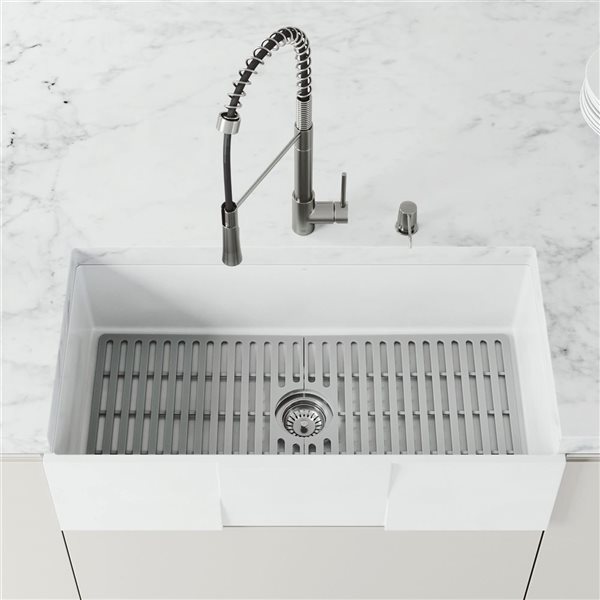 VIGO Matte Stone™ 36-in White Single-Basin Square Apron/Farmhouse Kitchen Sink Set With Silicone Grid