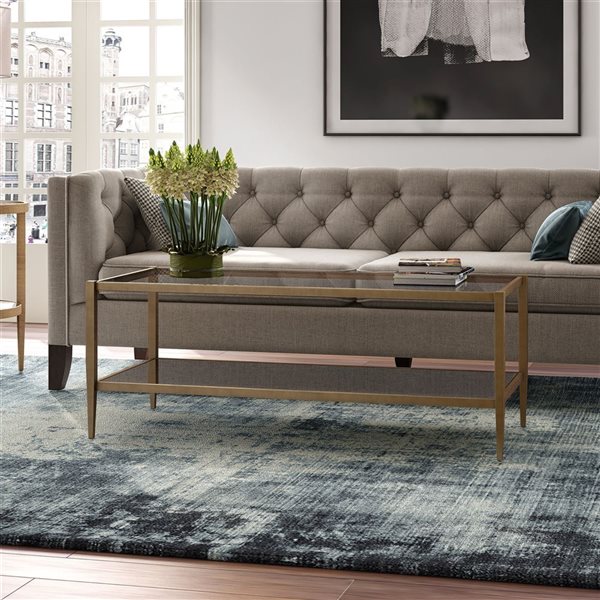 Hailey Home Hera Brass Glass Coffee Table w/ Mirror Shelf