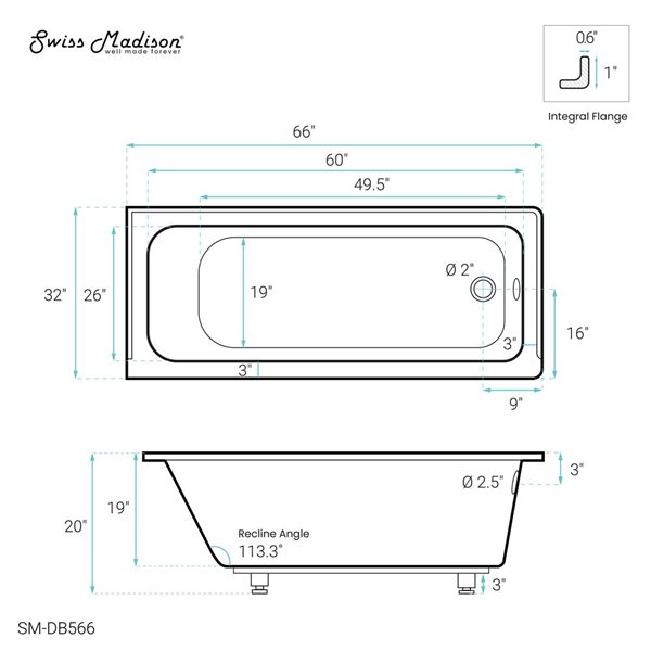 Swiss Madison Lausanne 66 W x 32-in L Glossy White Acrylic Alcove Right Drain Bathtub