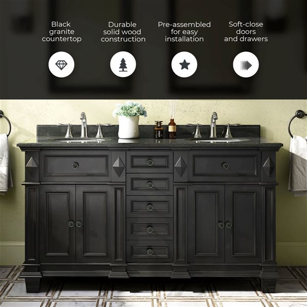 OVE Decors Essex 60-in Antique Black Vanity with Black Granite Top with Double White Basin