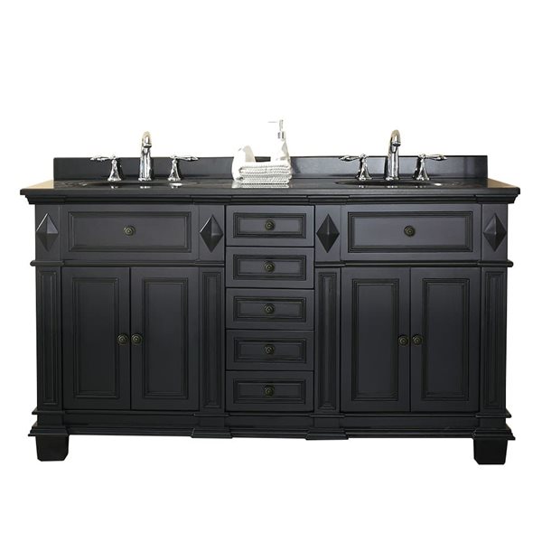 Meuble-lavabo Essex par OVE Decors 60 po en noir antique avec comptoir en granit noir et deux lavabos blancs