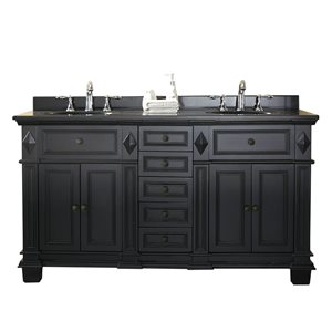 Meuble-lavabo Essex par OVE Decors 60 po en noir antique avec comptoir en granit noir et deux lavabos blancs