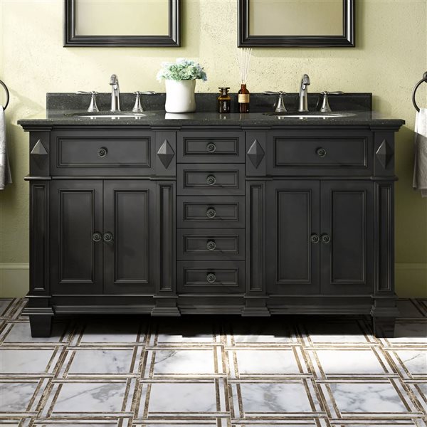 Meuble-lavabo Essex par OVE Decors 60 po en noir antique avec comptoir en granit noir et deux lavabos blancs