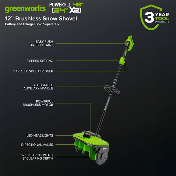 Greenworks 2X24 V (48 V) 12-in Aluminum Handle Brushless Snow Shovel with LED Light, Tool Only