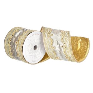 Vickerman 4-in x 15-ft Champagne/Gold Polyester Embroidery Two-Sided Wired Edge Christmas Ribbon