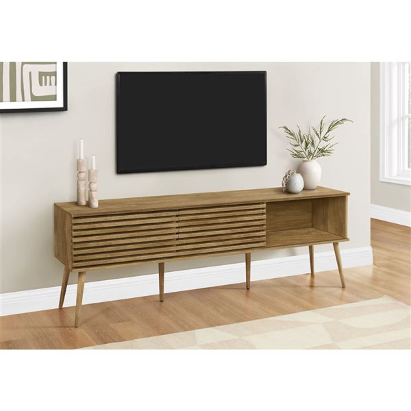 Monarch Specialties 72-in Walnut Laminate Tv Stand with Storage Cabinet and Shelves