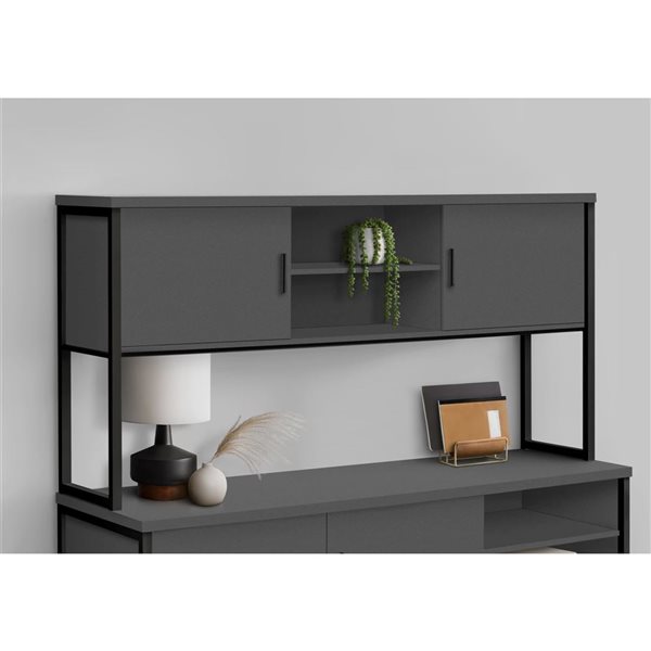 Monarch Specialties 72-in Grey Laminate and Black Metal Office Hutch with Storage Doors
