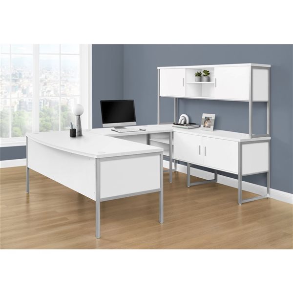 Monarch Specialties 72-in White Laminate and Silver Metal Office Hutch with Storage Doors