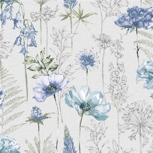 Fresco Floral Sketch Blue Unpasted Wallpaper - 56-ft²/Per Roll