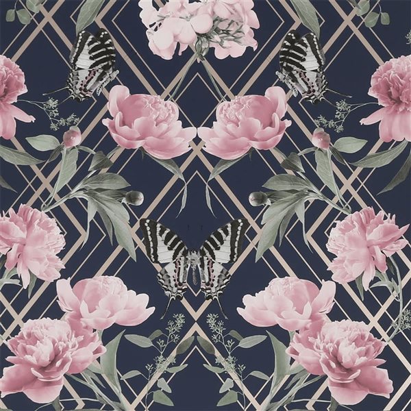 Sublime Botanical Trellis Navy and Pink 56-ft² Unpasted Wallpaper