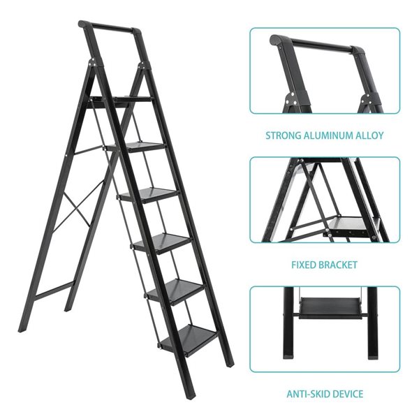 Flynama 330-lb Capacity 6-Step Black Steel Ladder Folding Step Stool