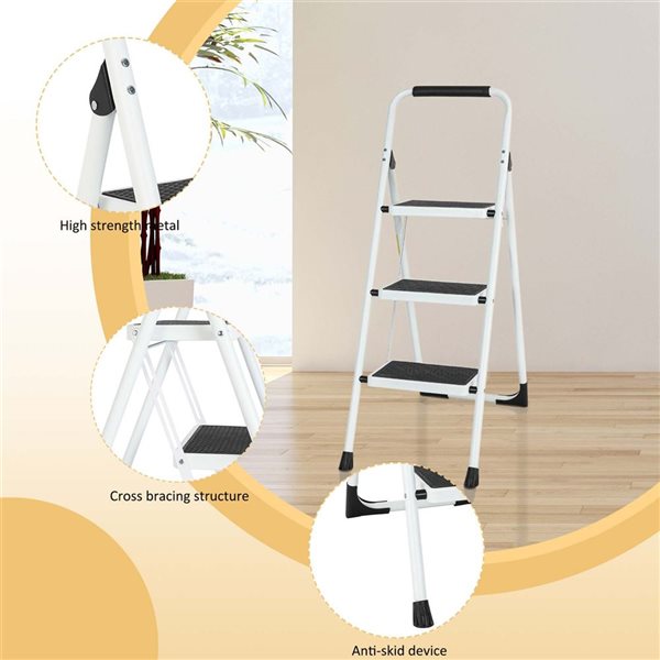 Flynama 330-lb Capacity 3-Step White Steel Ladder Folding Step Stool