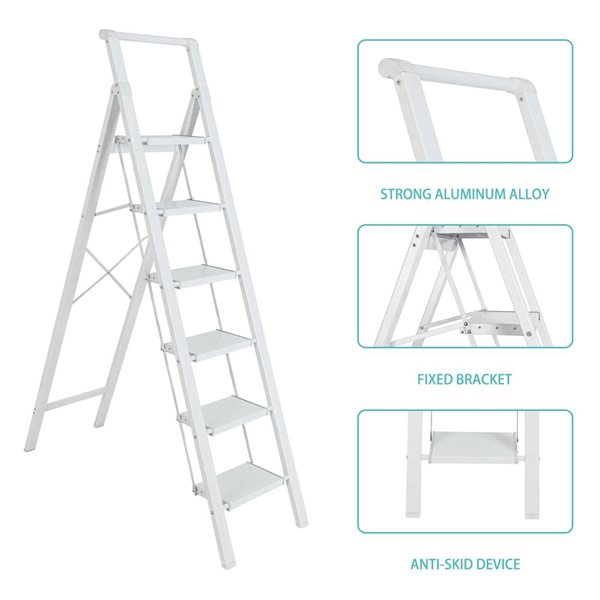 Flynama 330-lb Capacity 6-Step White Steel Ladder Folding Step Stool