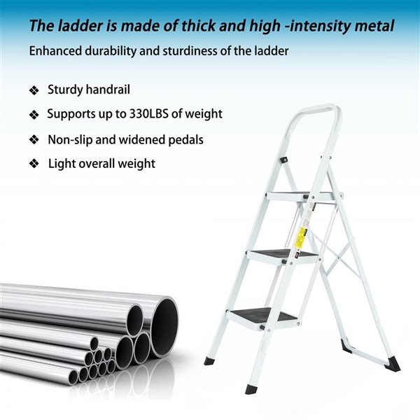 Flynama 330-lb Capacity 3-Step White Steel Ladder Folding Step Stool