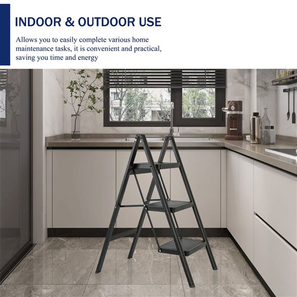 Flynama 330-lb Capacity 3-Step Black Steel Ladder Folding Step Stool