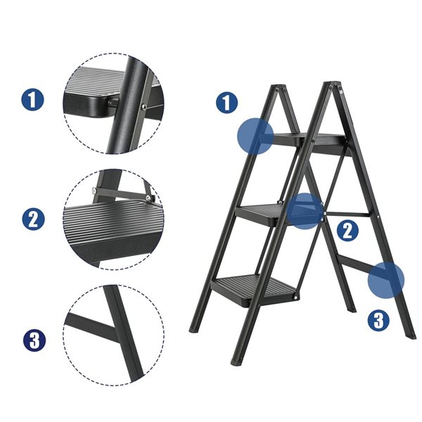 Flynama 330-lb Capacity 3-Step Black Steel Ladder Folding Step Stool