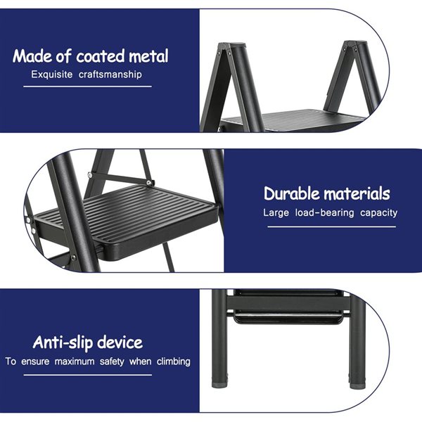 Flynama 330-lb Capacity 3-Step Black Steel Ladder Folding Step Stool
