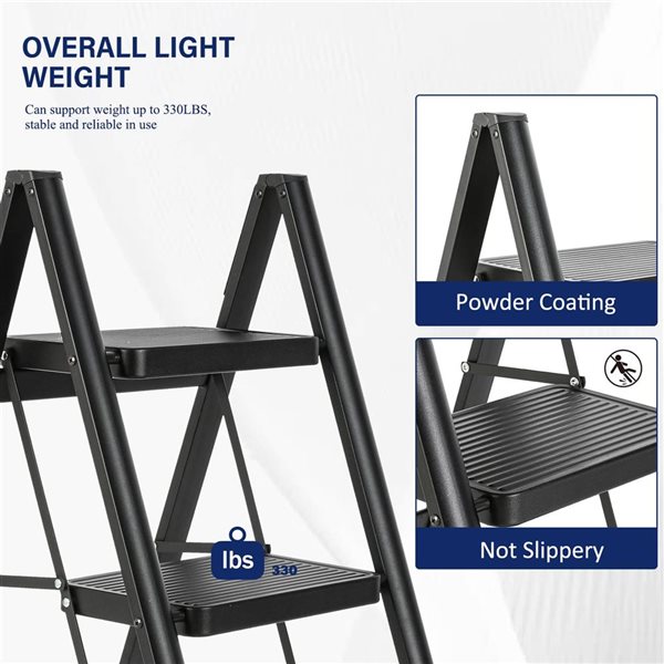 Flynama 330-lb Capacity 3-Step Black Steel Ladder Folding Step Stool