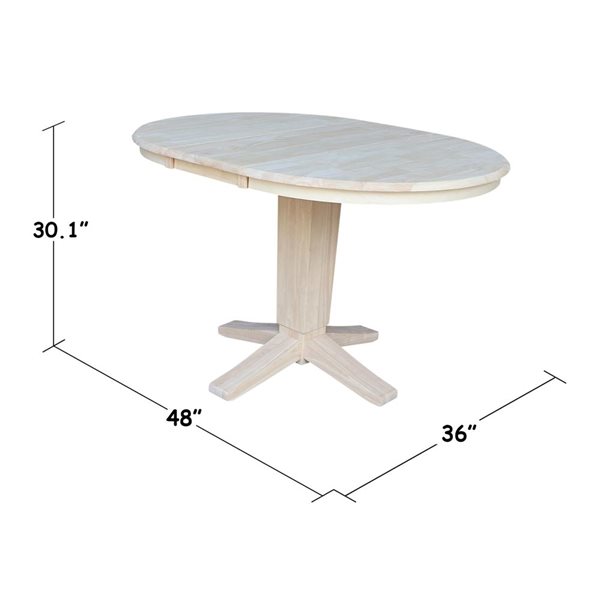 International Concepts 36 dia x 30.1-in H Solid Wood Round Top Pedestal Table w/ 12-in Leaf - Unfinished