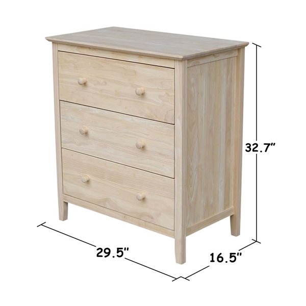 International Concepts Solid Wood Bedroom Dresser/Chest with 3 Drawers - Unfinished