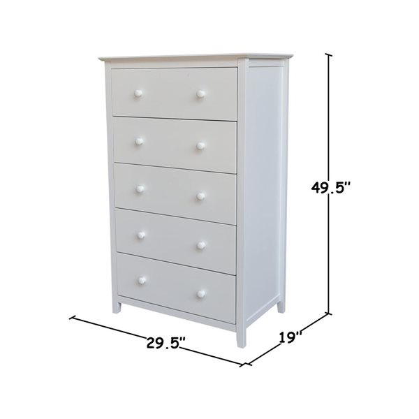 International Concepts Solid Wood Bedroom Dresser/Chest with 5 Drawers - White