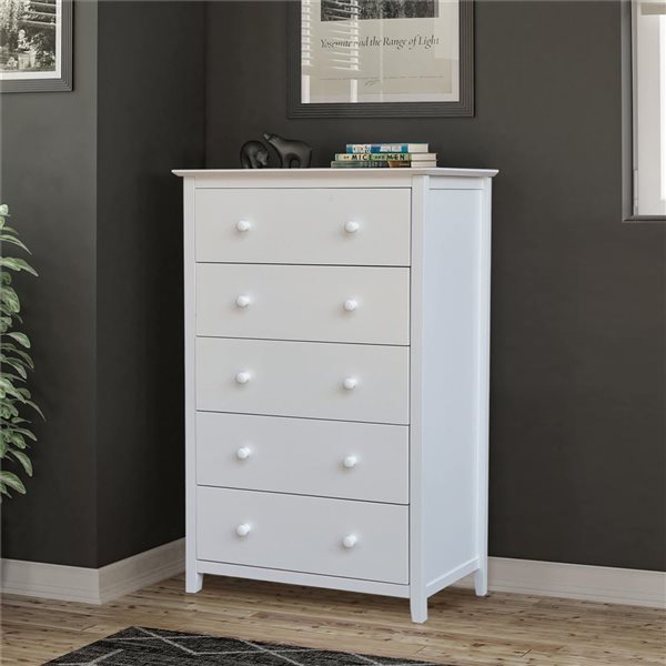 International Concepts Solid Wood Bedroom Dresser/Chest with 5 Drawers - White