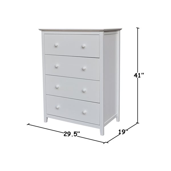 International Concepts Solid Wood Bedroom Dresser/Chest with 4 Drawers - White