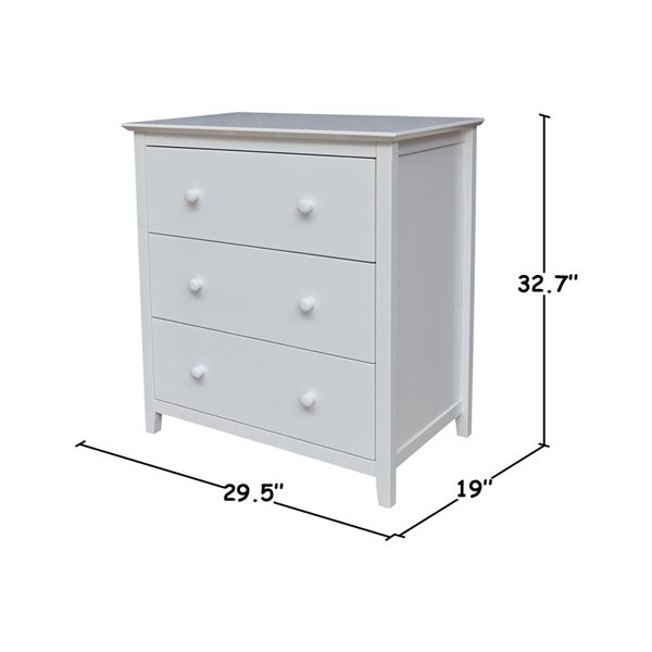 International Concepts Solid Wood Bedroom Dresser/Chest with 3 Drawers - White