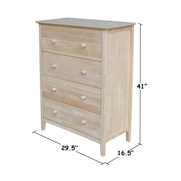 International Concepts Solid Wood Bedroom Dresser/Chest with 4 Drawers - Unfinished