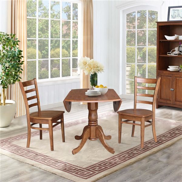 International Concepts 3-Pc 42-in Dual Drop Leaf Wood Dining Table Set w/ 2 Emily Side Chairs - Distressed Oak