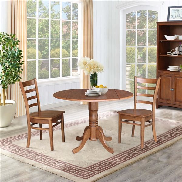 International Concepts 3-Pc 42-in Dual Drop Leaf Wood Dining Table Set w/ 2 Emily Side Chairs - Distressed Oak