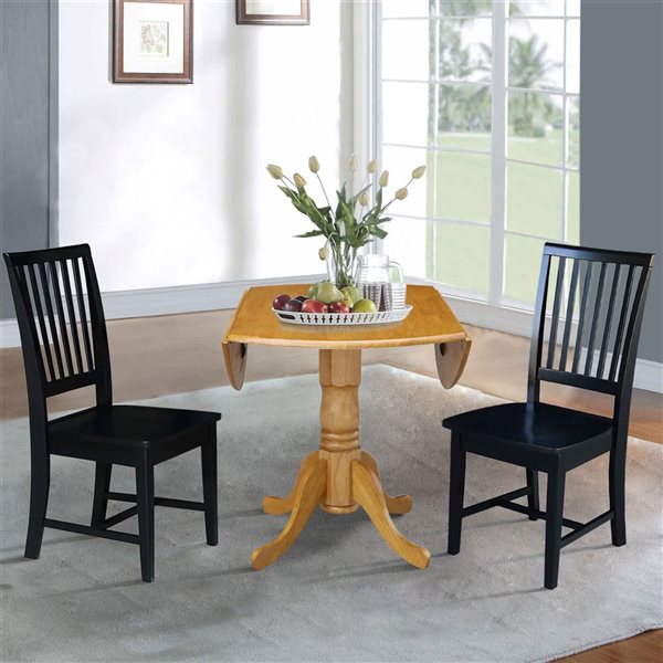 International Concepts 3-Pc 42-in Dual Drop Leaf Wood Dining Table Set w/ 2 Slat Back Dining Chairs - Oak/Black