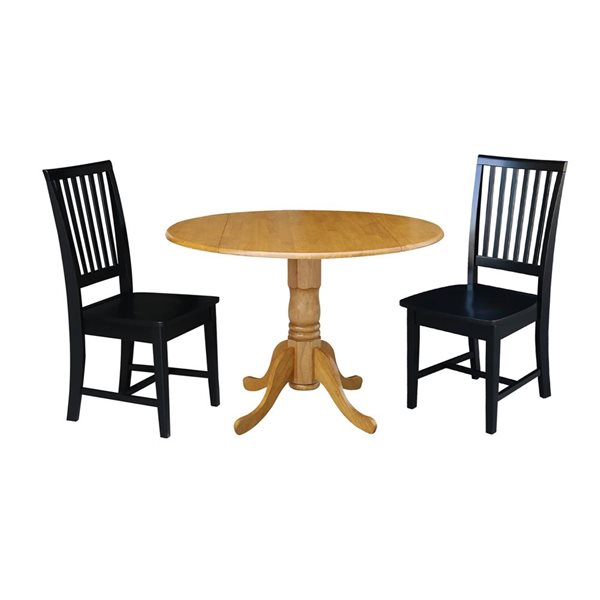 International Concepts 3-Pc 42-in Dual Drop Leaf Wood Dining Table Set w/ 2 Slat Back Dining Chairs - Oak/Black