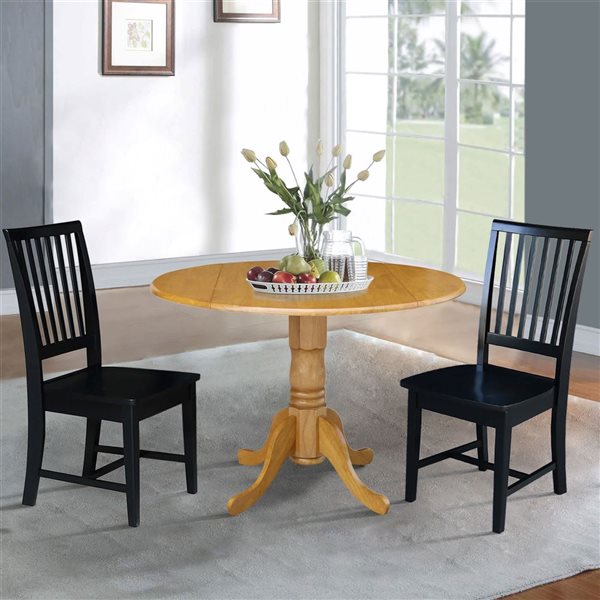 International Concepts 3-Pc 42-in Dual Drop Leaf Wood Dining Table Set w/ 2 Slat Back Dining Chairs - Oak/Black