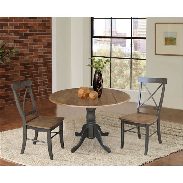 International Concepts 3-Pc 42-in Dual Drop Leaf Wood Dining Table Set w/ 2 Chairs - Hickory/Washed Coal