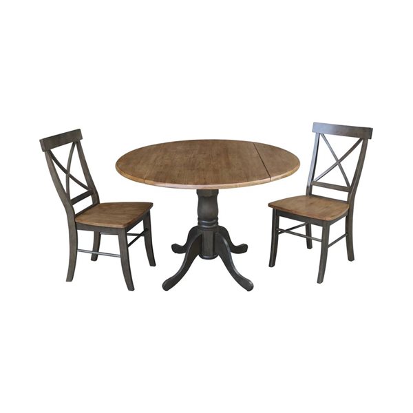 International Concepts 3-Pc 42-in Dual Drop Leaf Wood Dining Table Set w/ 2 Chairs - Hickory/Washed Coal