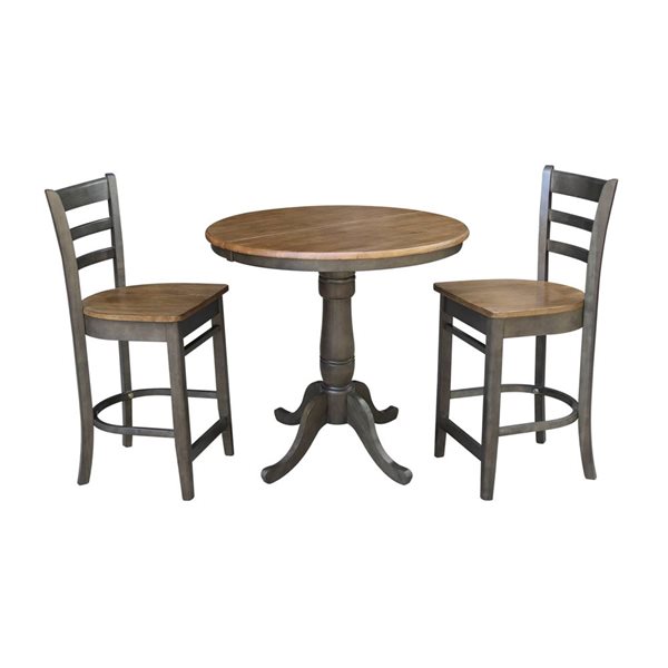 International Concepts 36-in Round Extension Wood Dining Table w/ 2 Counter Height Stools - Hickory/Washed Coal