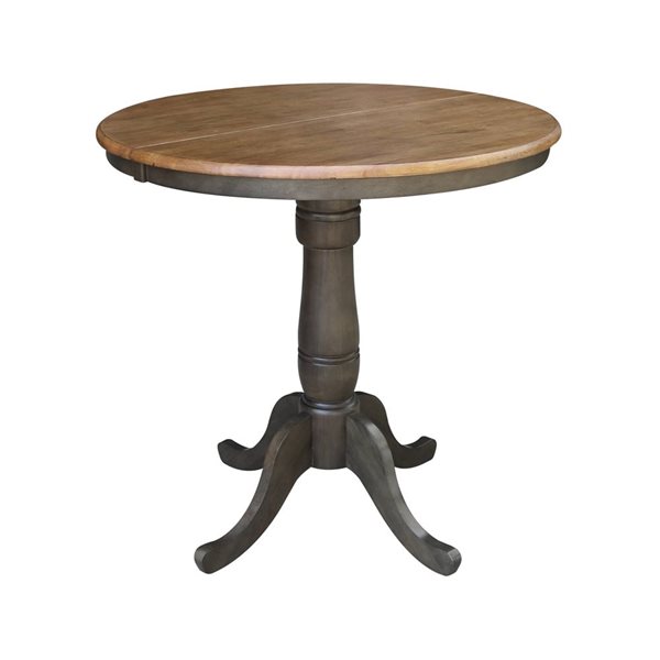 International Concepts 36-in Round Extension Wood Dining Table w/ 2 Counter Height Stools - Hickory/Washed Coal